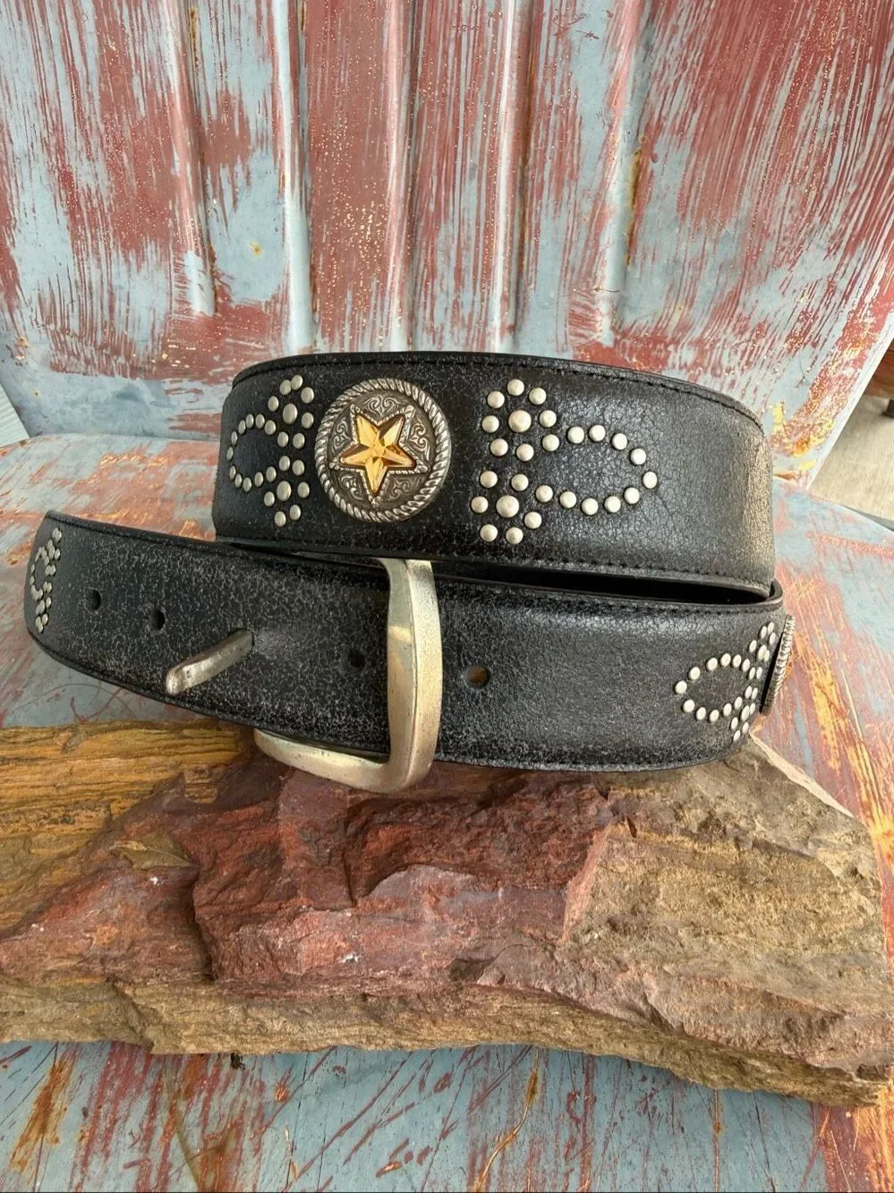 Vintage Roper Black Leather Western Belt Studded Gold Star Concho Size 30/32